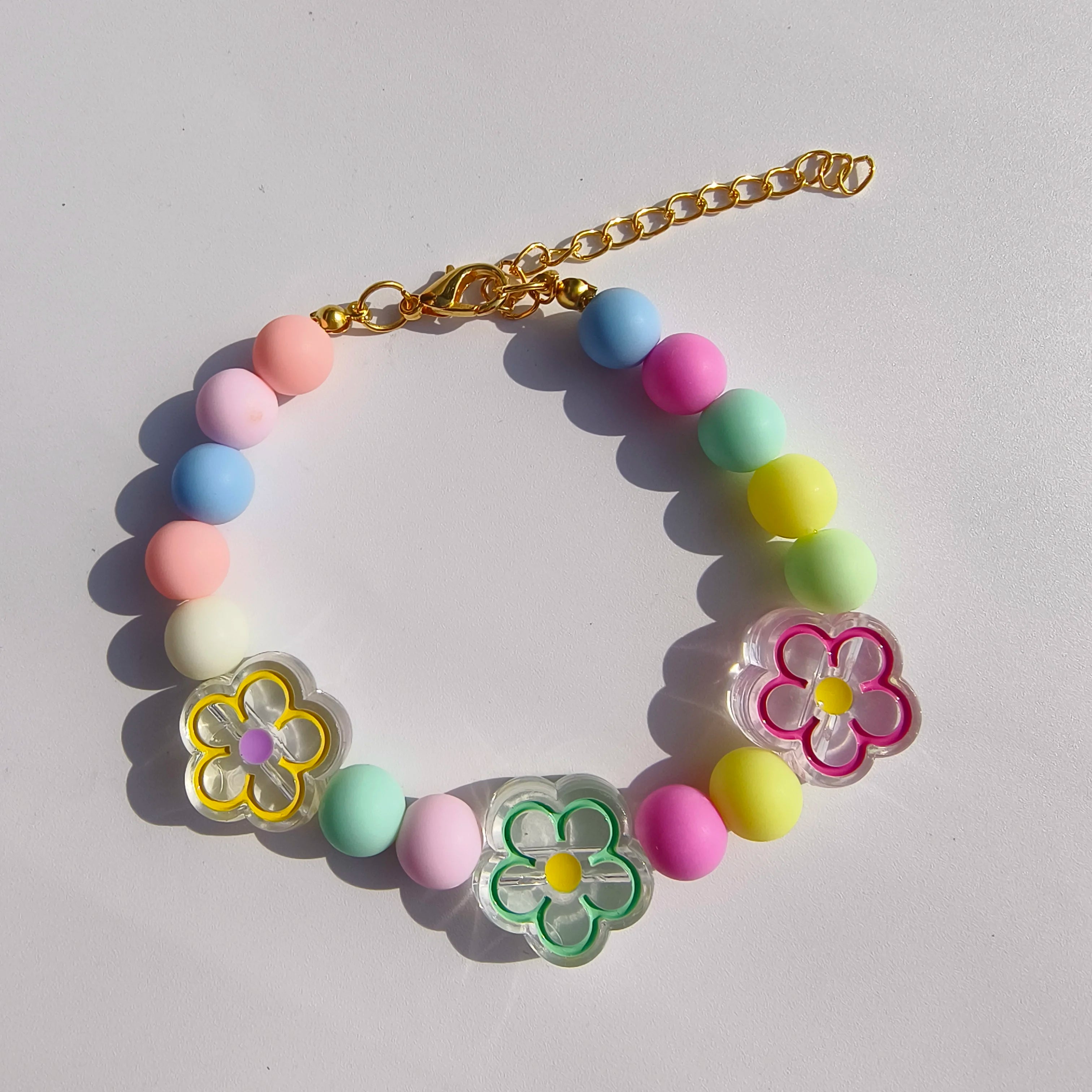 Cute Dog Collars Candy Colored Pearl Necklace Love Flower Beads Alloy Chain Link Adjustable Collar for Dog Cat Pet Supplies