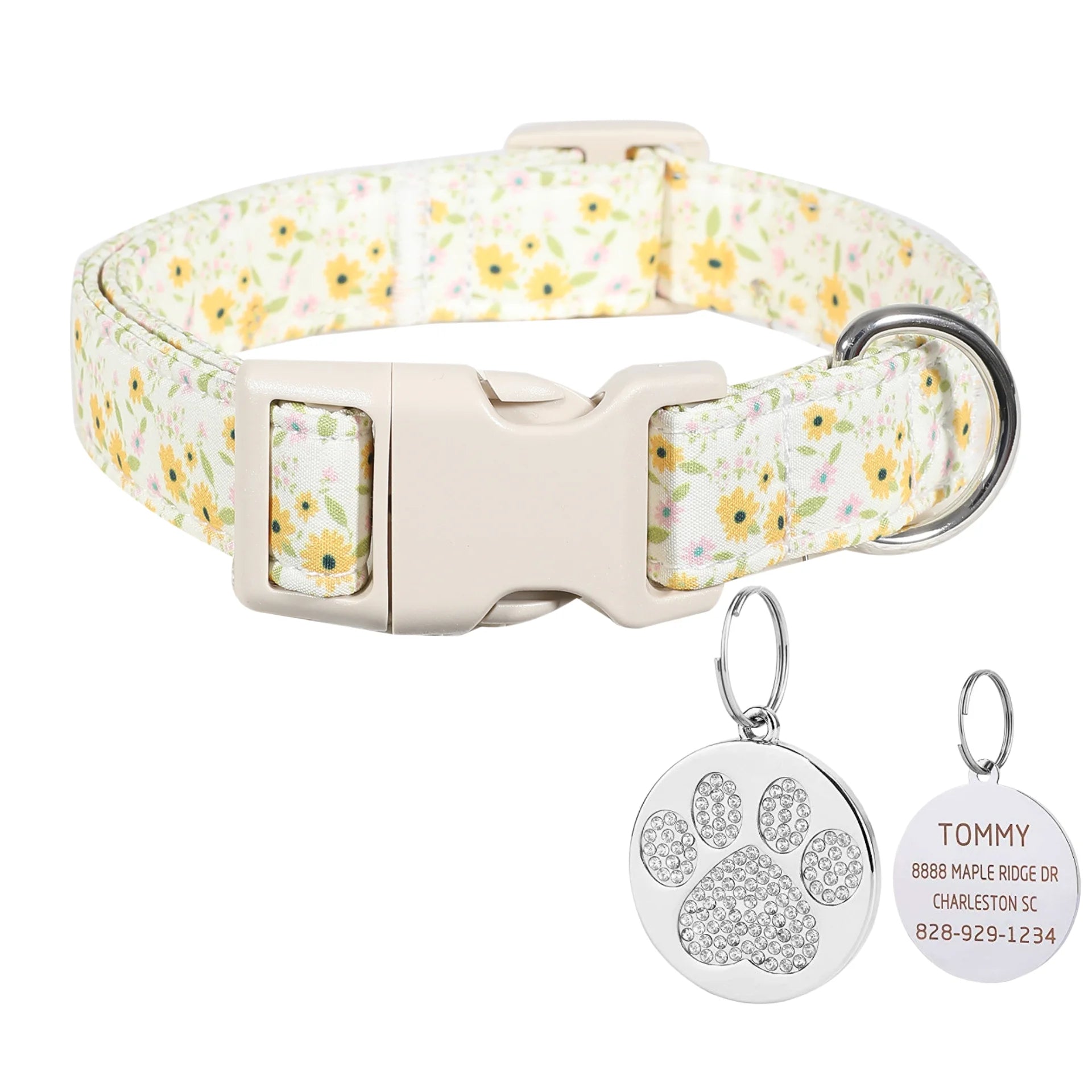 Cute Floral Print Dog Collar with Personalized Engraved Name Tag, Adjustable Lightweight Fabric Collar for Puppies Small Breeds