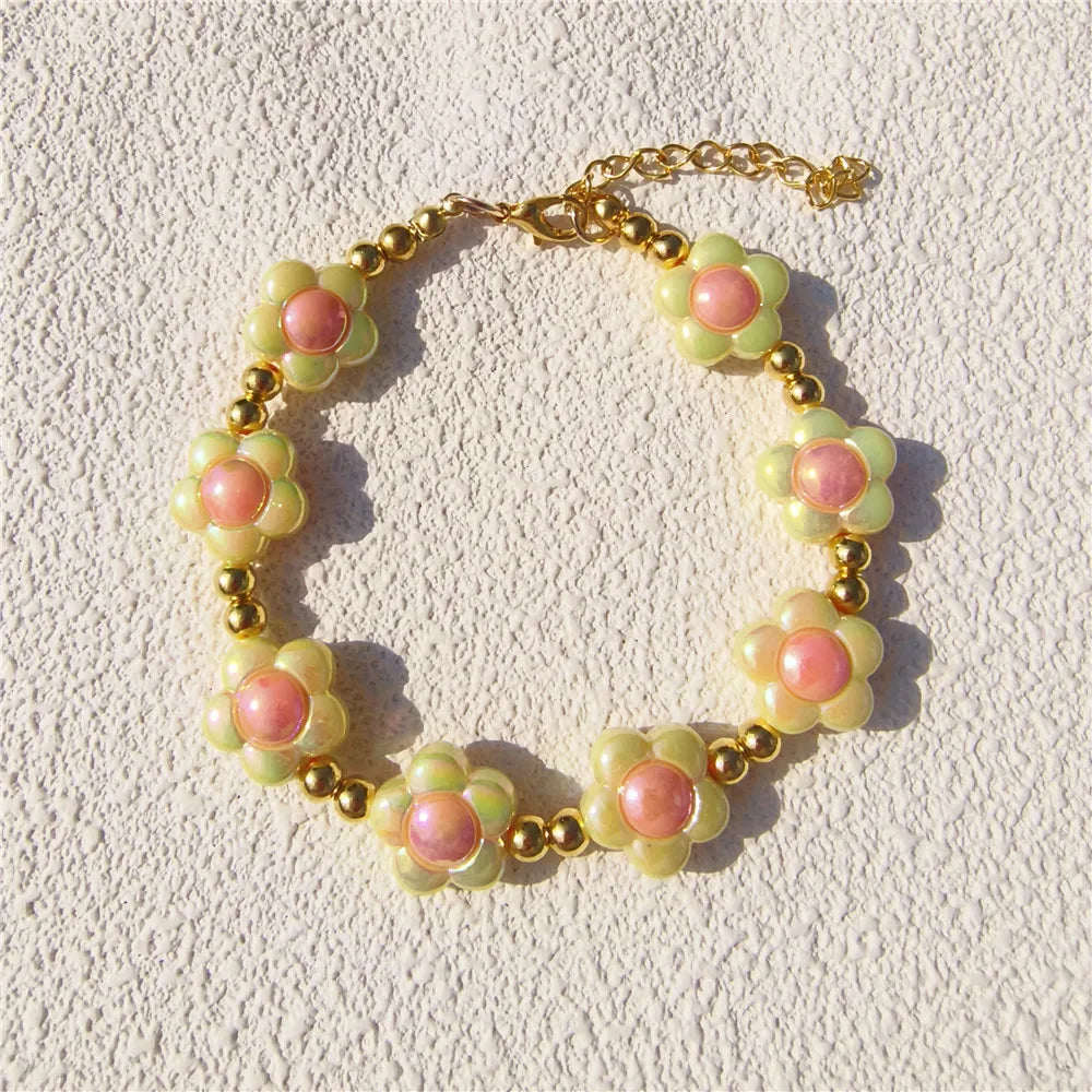 Cute Dog Collars Candy Colored Pearl Necklace Love Flower Beads Alloy Chain Link Adjustable Collar for Dog Cat Pet Supplies