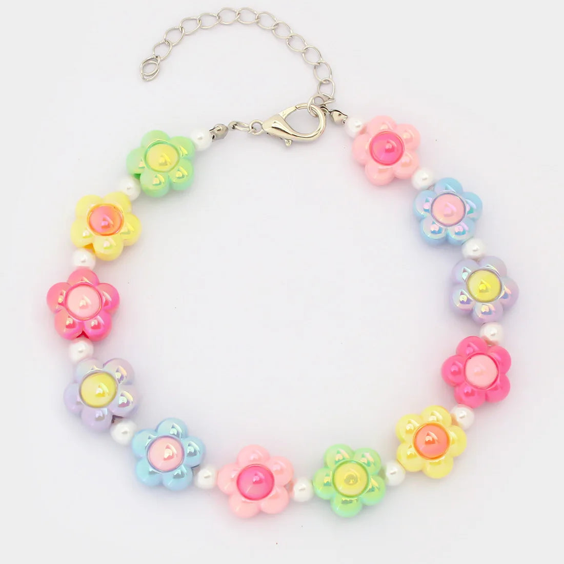 Cute Dog Collars Candy Colored Pearl Necklace Love Flower Beads Alloy Chain Link Adjustable Collar for Dog Cat Pet Supplies