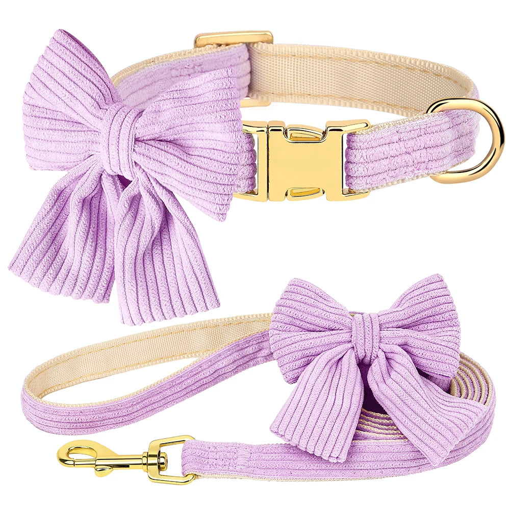 Cute Dog Collar Leash Set With Bowknot Soft Velvet Puppy Dogs Collars Outdoor Pet Walking Lead For Small Medium Dogs Chihuahua