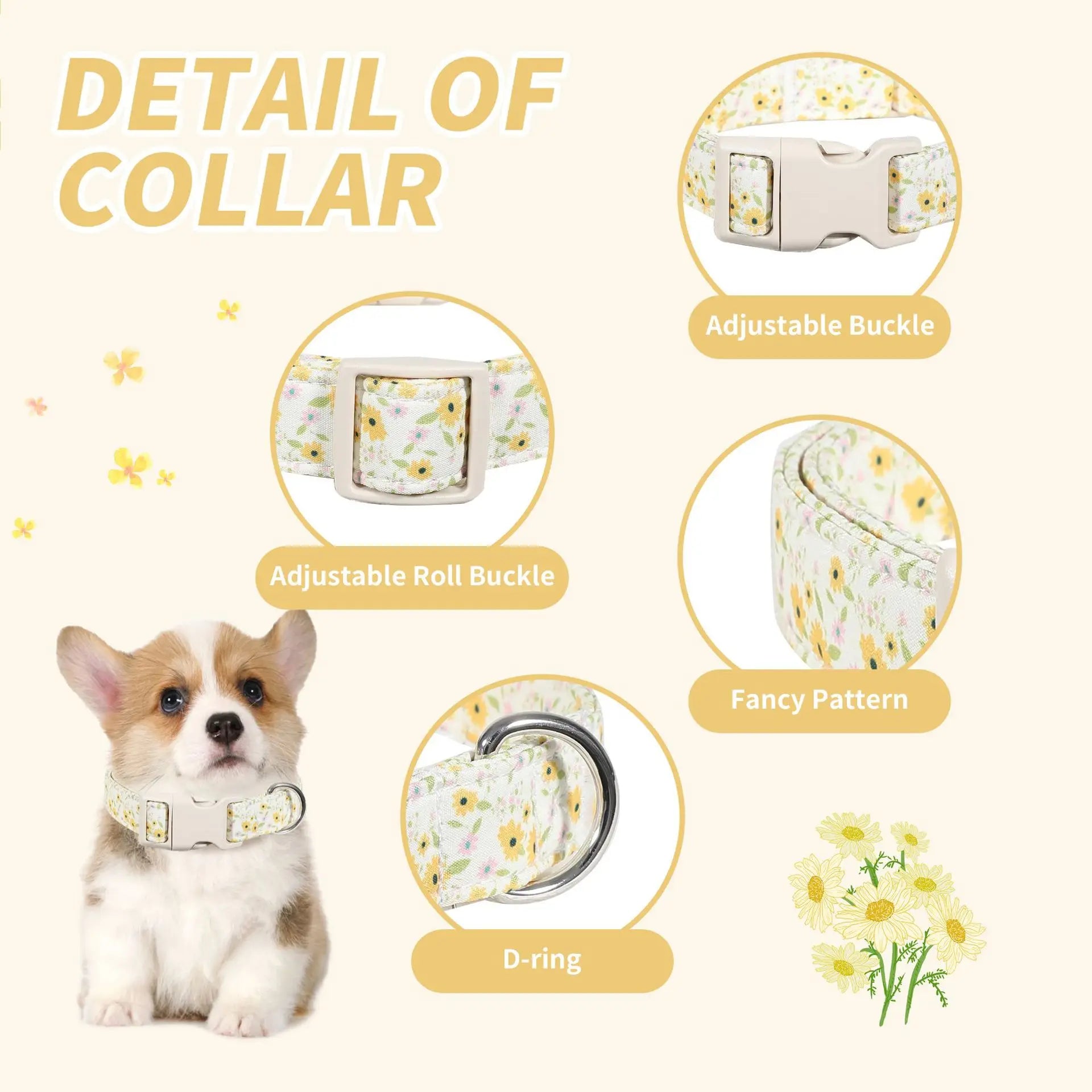 Cute Floral Print Dog Collar with Personalized Engraved Name Tag, Adjustable Lightweight Fabric Collar for Puppies Small Breeds