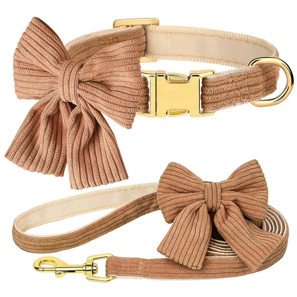 Cute Dog Collar Leash Set With Bowknot Soft Velvet Puppy Dogs Collars Outdoor Pet Walking Lead For Small Medium Dogs Chihuahua
