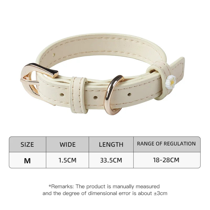Cute Dog Accessories PU Leather Pet Collar Daisy Decoration Alloy Buckle Head Traction Rope Neck Loop for Cat Teddy Schnauzer