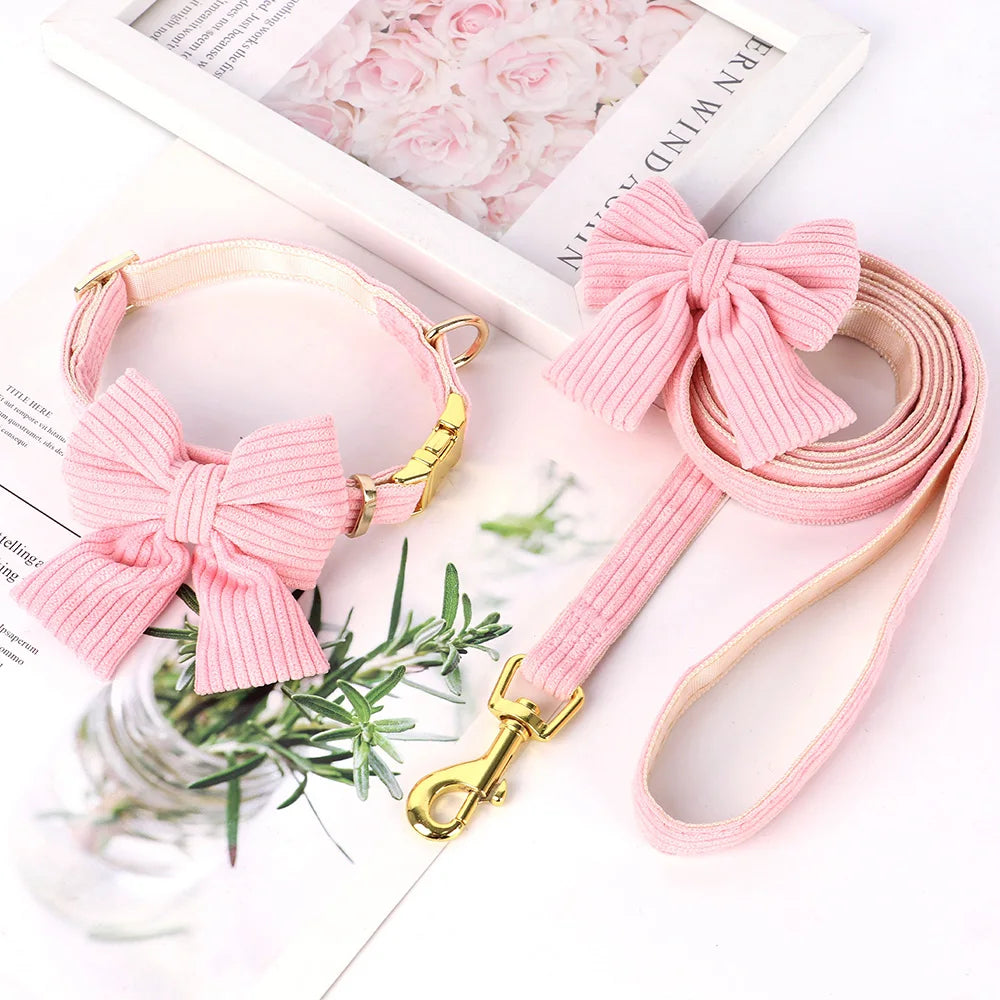 Cute Dog Collar Leash Set With Bowknot Soft Velvet Puppy Dogs Collars Outdoor Pet Walking Lead For Small Medium Dogs Chihuahua
