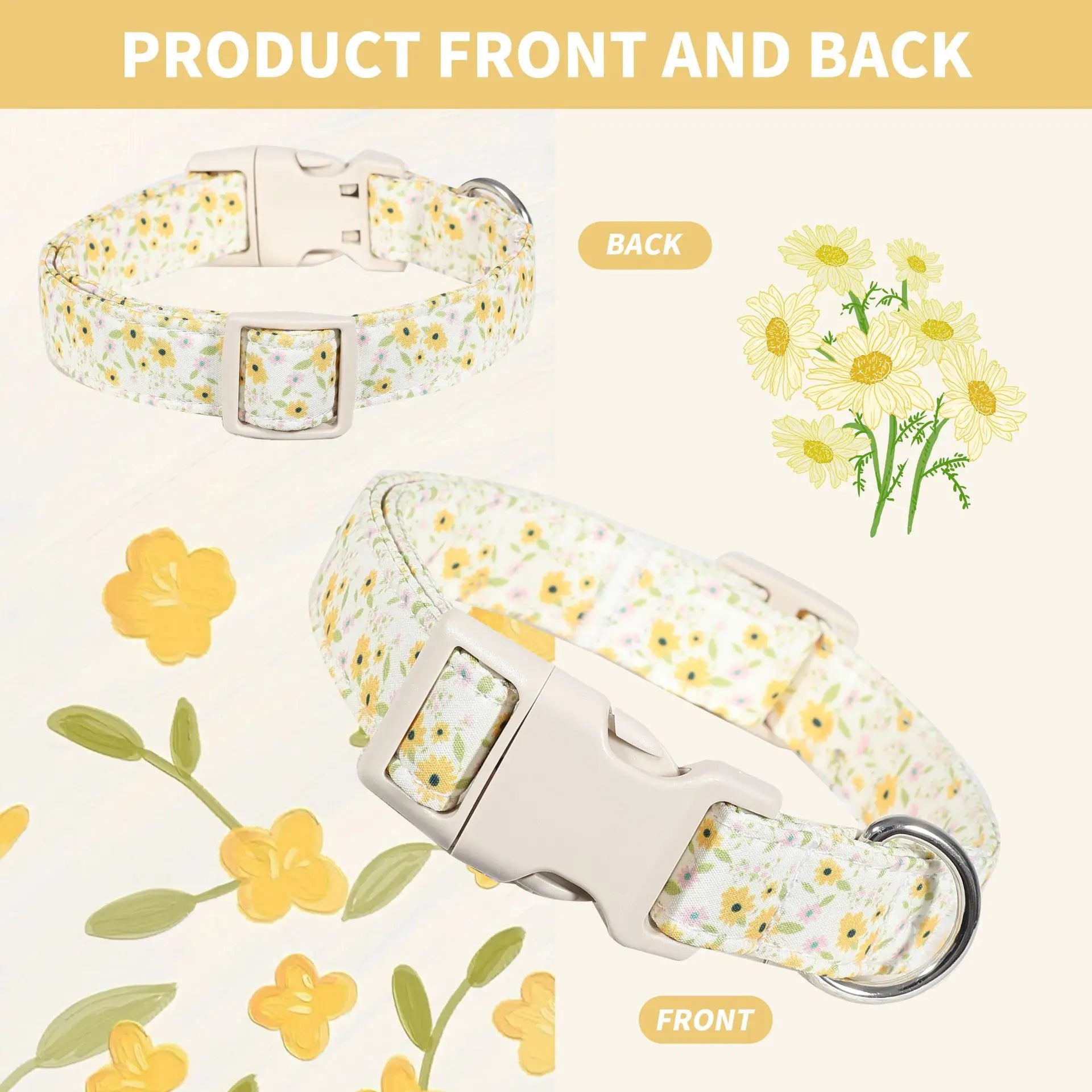 Cute Floral Print Dog Collar with Personalized Engraved Name Tag, Adjustable Lightweight Fabric Collar for Puppies Small Breeds