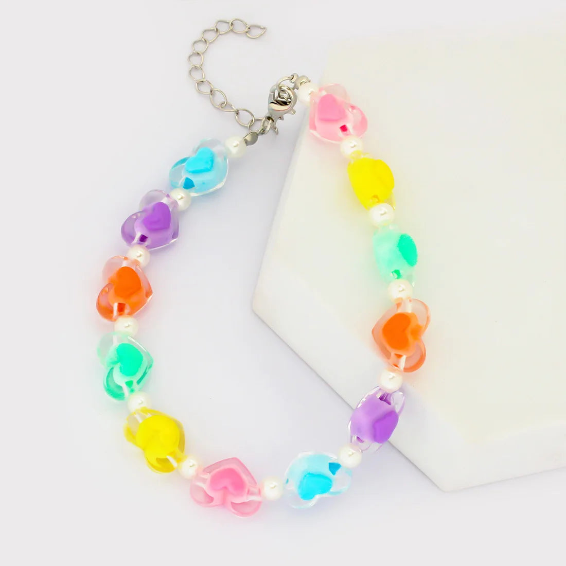 Cute Dog Collars Candy Colored Pearl Necklace Love Flower Beads Alloy Chain Link Adjustable Collar for Dog Cat Pet Supplies