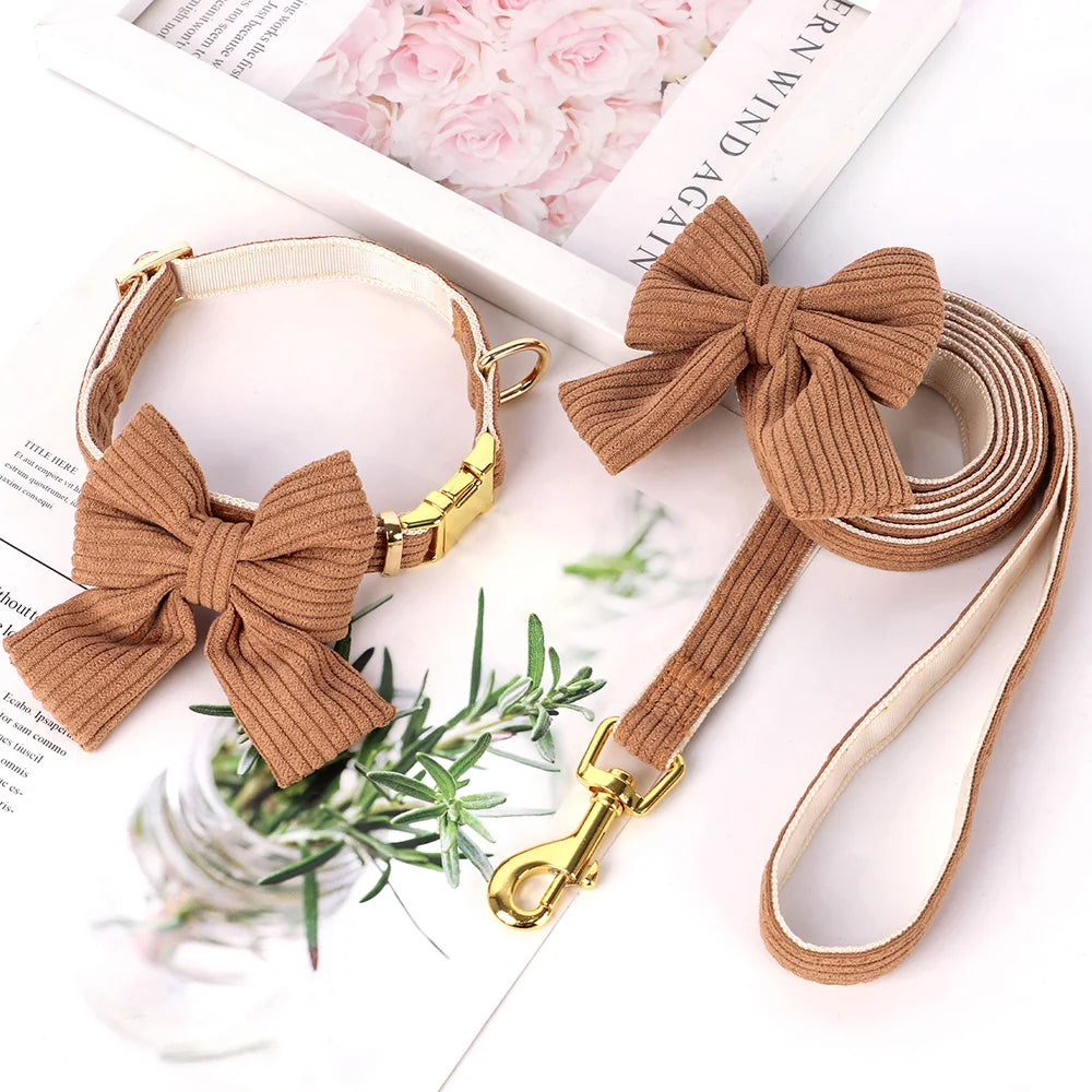 Cute Dog Collar Leash Set With Bowknot Soft Velvet Puppy Dogs Collars Outdoor Pet Walking Lead For Small Medium Dogs Chihuahua