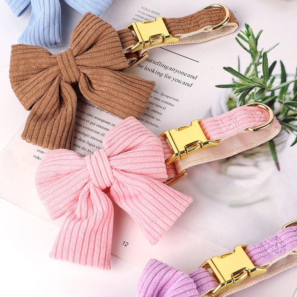 Cute Dog Collar Leash Set With Bowknot Soft Velvet Puppy Dogs Collars Outdoor Pet Walking Lead For Small Medium Dogs Chihuahua