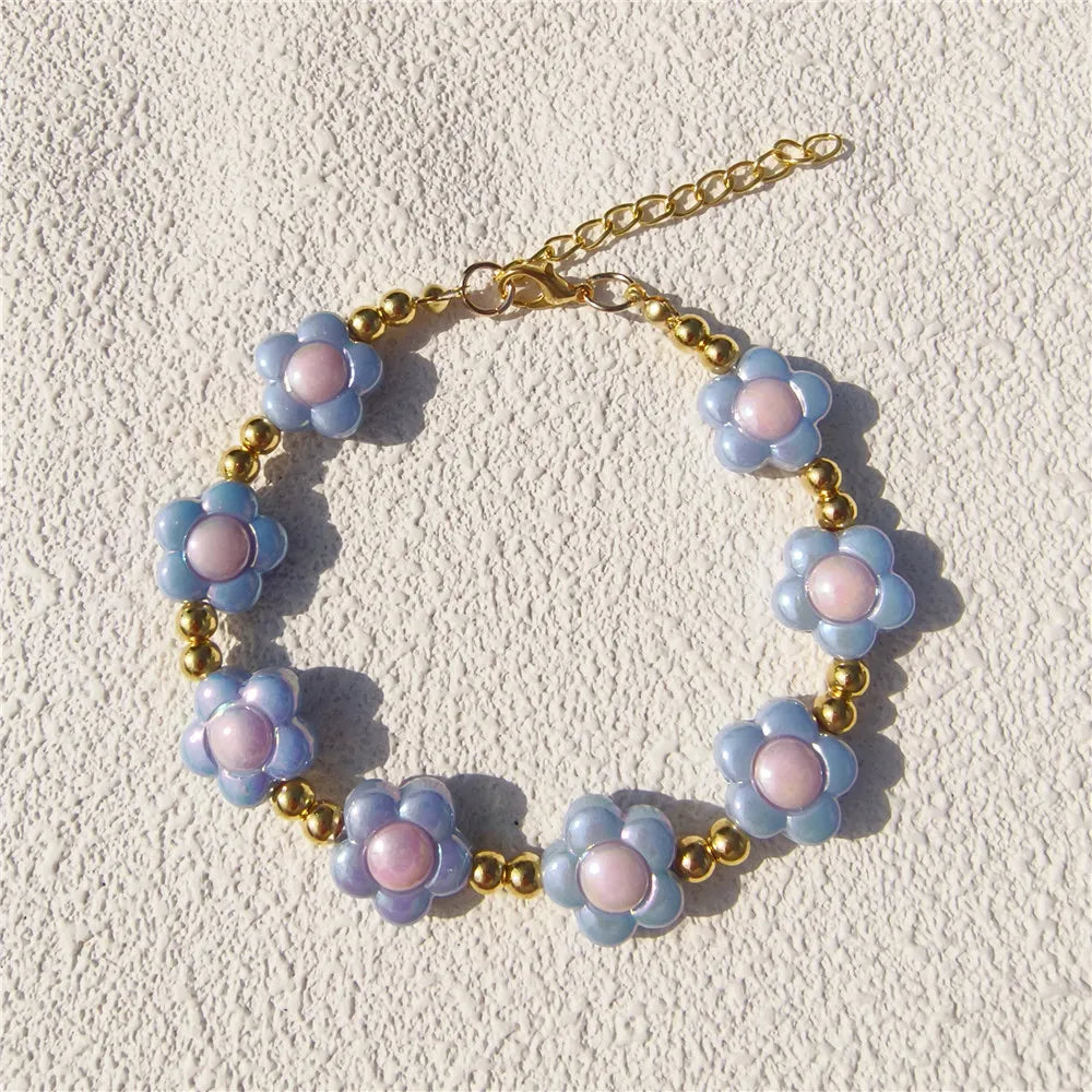 Cute Dog Collars Candy Colored Pearl Necklace Love Flower Beads Alloy Chain Link Adjustable Collar for Dog Cat Pet Supplies