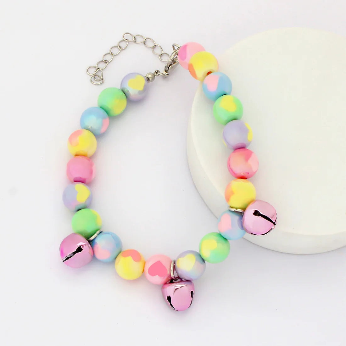 Cute Dog Collars Candy Colored Pearl Necklace Love Flower Beads Alloy Chain Link Adjustable Collar for Dog Cat Pet Supplies