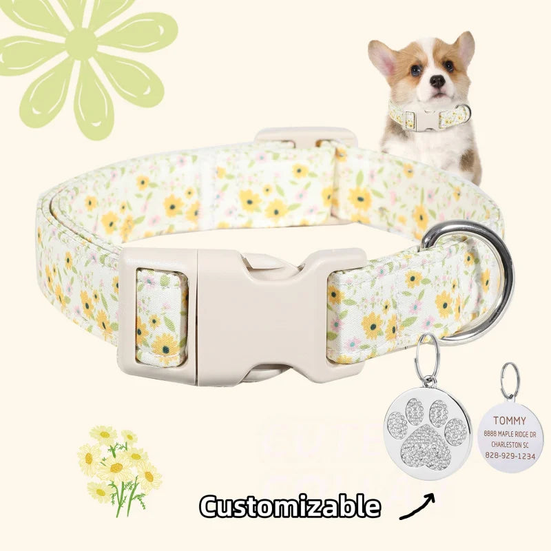 Cute Floral Print Dog Collar with Personalized Engraved Name Tag, Adjustable Lightweight Fabric Collar for Puppies Small Breeds