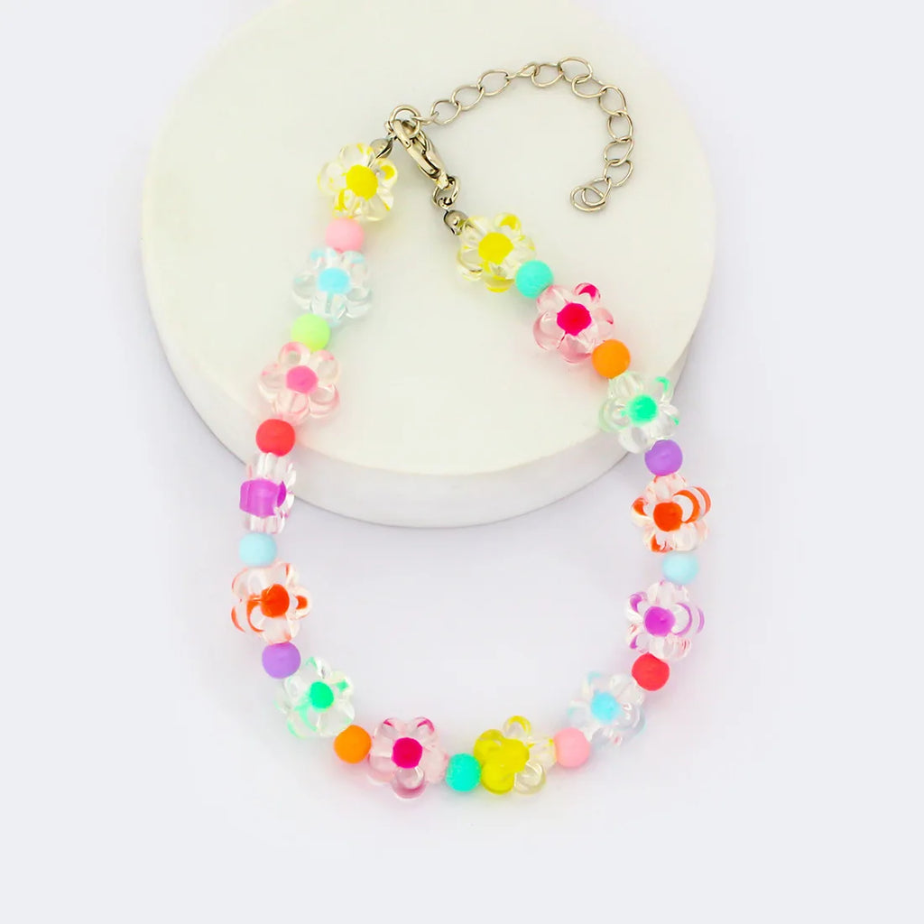 Cute Dog Collars Candy Colored Pearl Necklace Love Flower Beads Alloy Chain Link Adjustable Collar for Dog Cat Pet Supplies